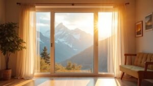 Saubere, streifenfreie Fenster mit Blick auf die Berge – professionelles Fensterputzen bei Sonnenlicht