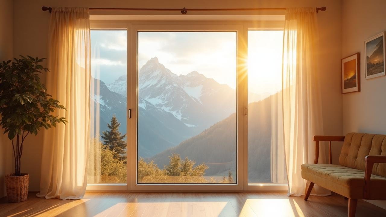 Saubere, streifenfreie Fenster mit Blick auf die Berge – professionelles Fensterputzen bei Sonnenlicht