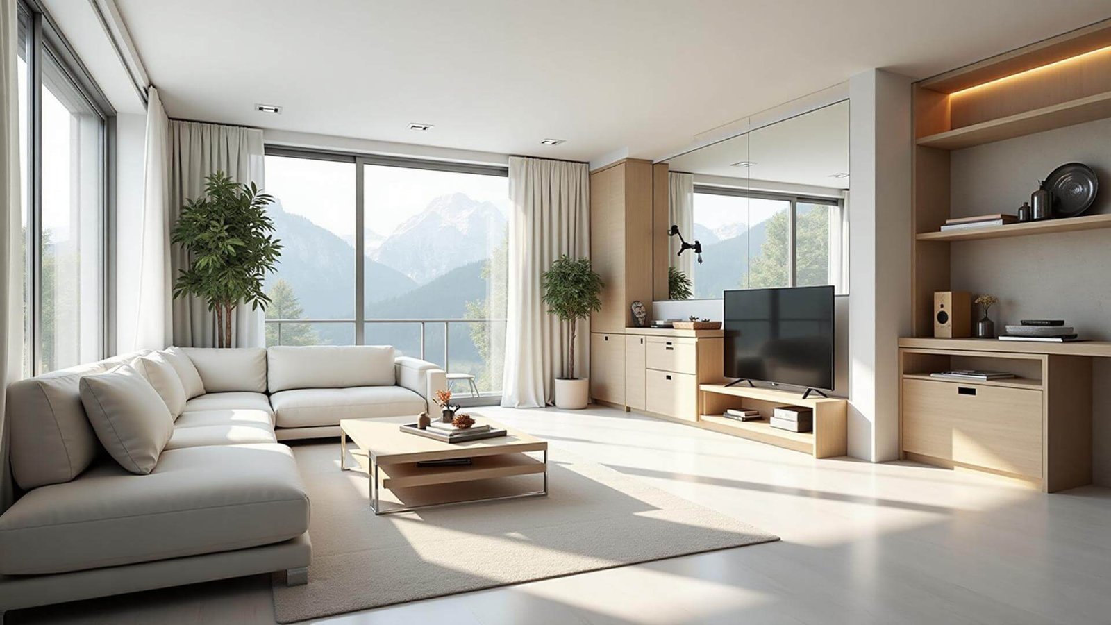 Modernes, sonnendurchflutetes Wohnzimmer mit großen Fenstern und Bergblick – Symbol für Sauberkeit und gepflegte Wohnräume von Wolf Reinigung in Kirchberg in Tirol.